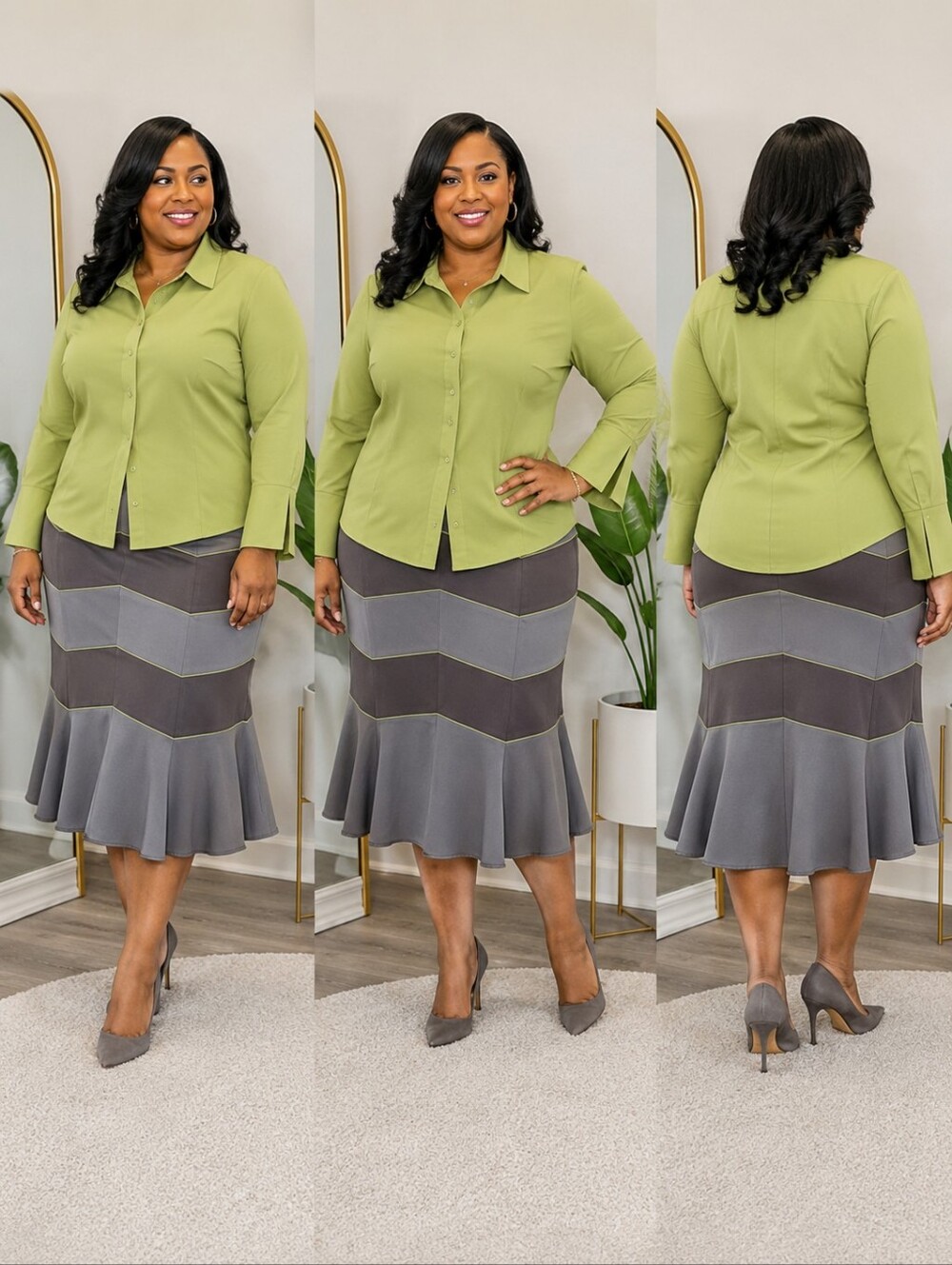 Green top size 12 with skirt size 14.